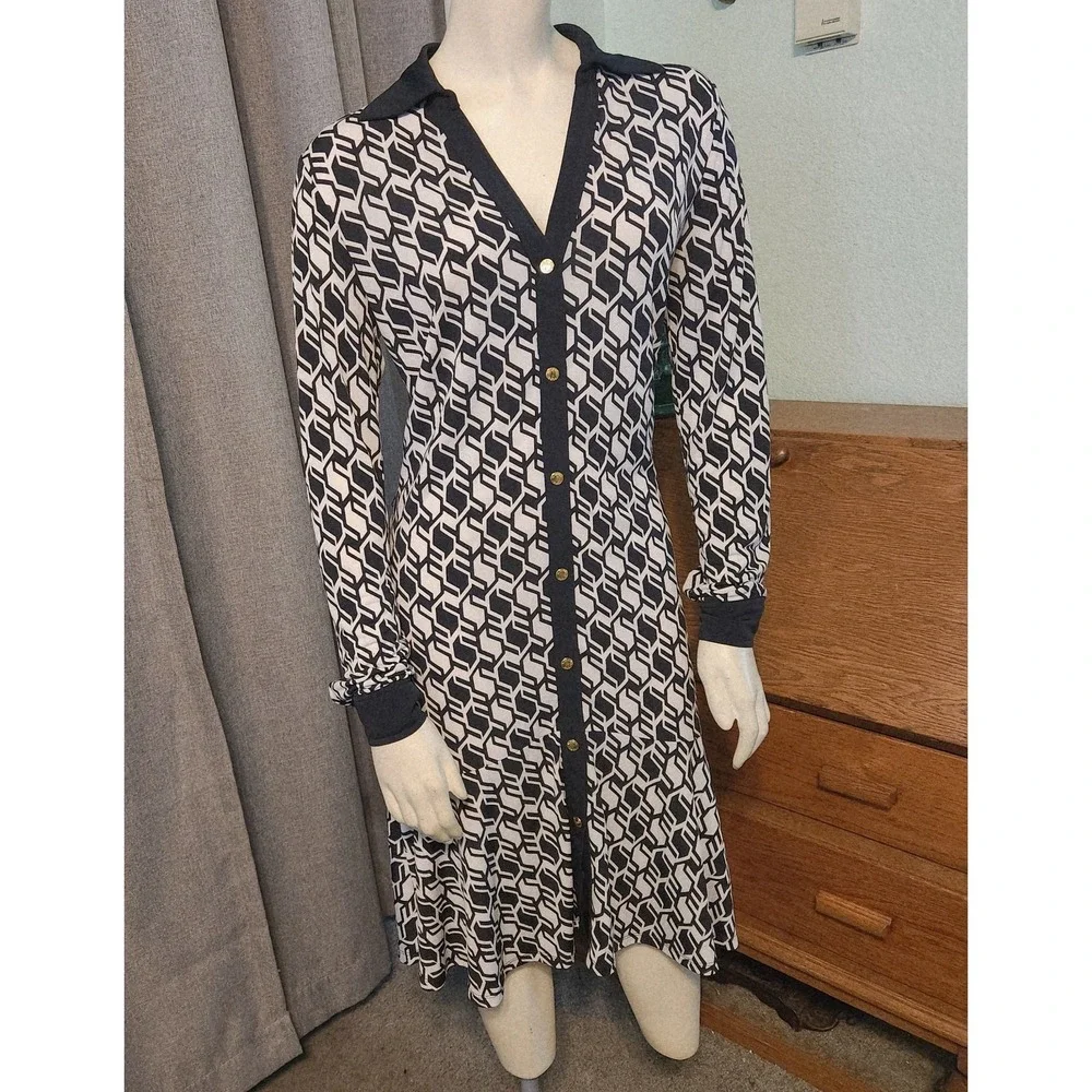 Michael Kors‎ Long Sleeve Navy Blue White Geometric Gold Button Up Midi Dress S